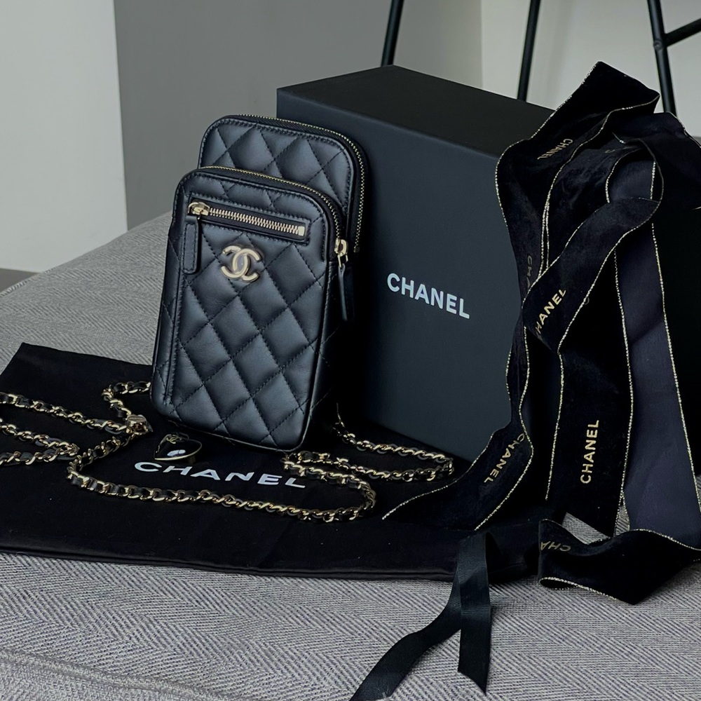 Chanel Black Quilted Phone Holder with Gold Chain